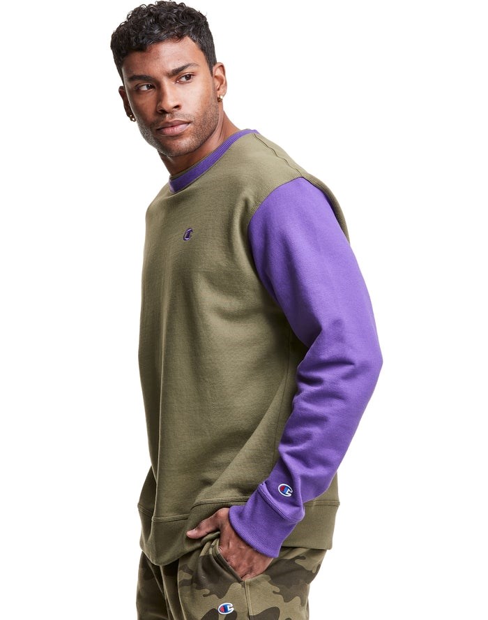 Champion Powerblend Fleece Crew Double Collar Crew Embroidered C Logo Tröjor Herr Olivgröna Lila | 9731254-VS