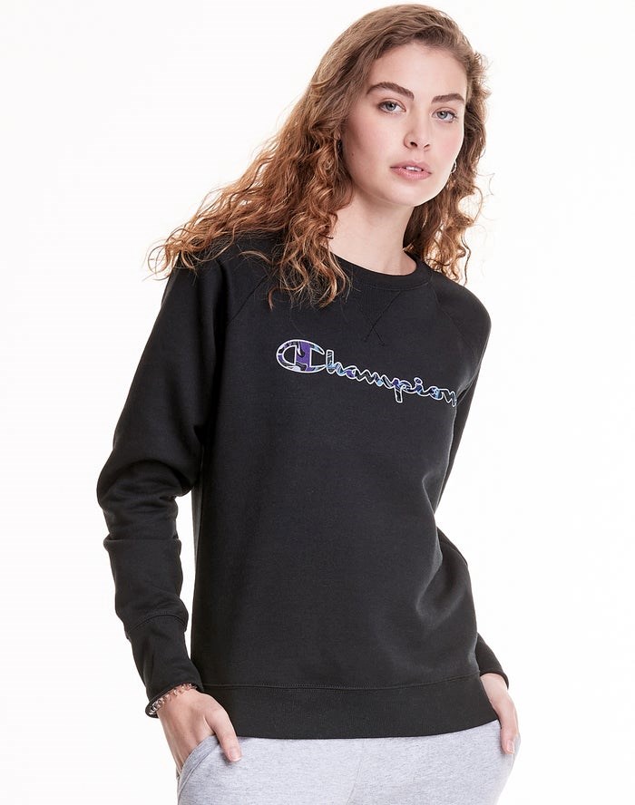 Champion Powerblend Fleece Crew Liquid Filled C T-shirt Dam Svarta | 3548097-QO