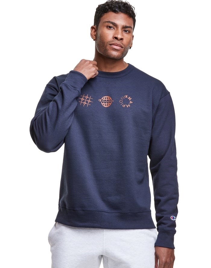 Champion Powerblend Fleece Crew Multi-Logos Tröjor Herr Marinblå | 0763915-LO