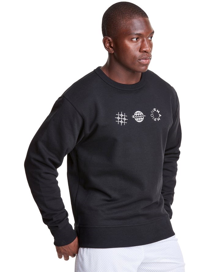 Champion Powerblend Fleece Crew Multi-Logos Tröjor Herr Svarta | 8432156-TX