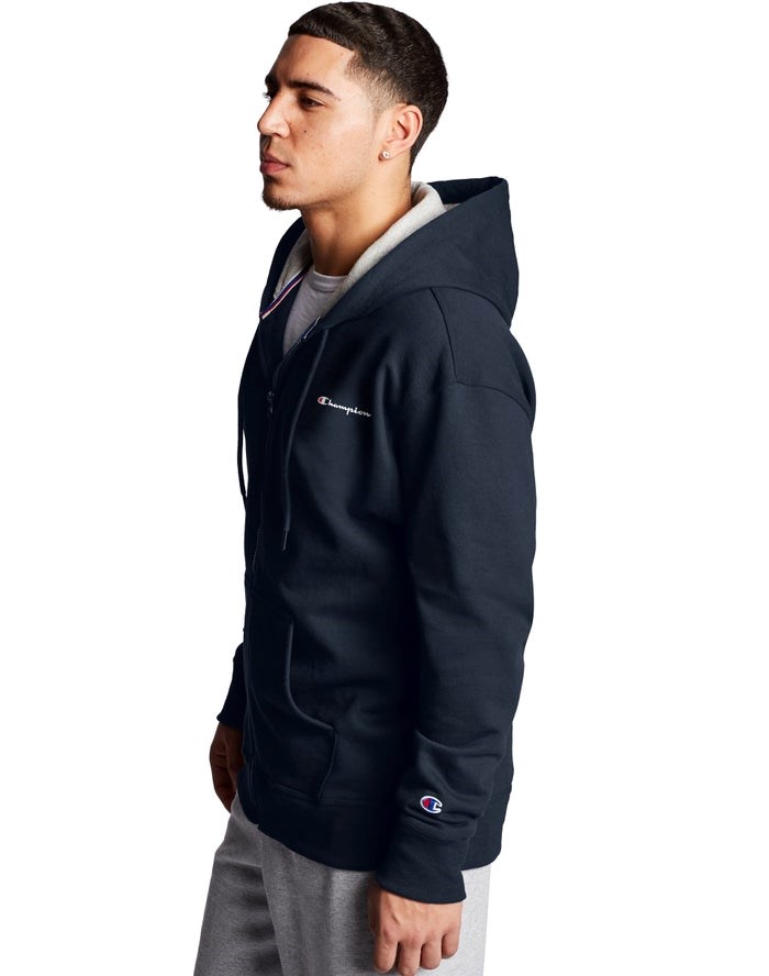 Champion Powerblend Fleece Full Zip Script Logo Hoodie Herr Marinblå | 3047815-EG