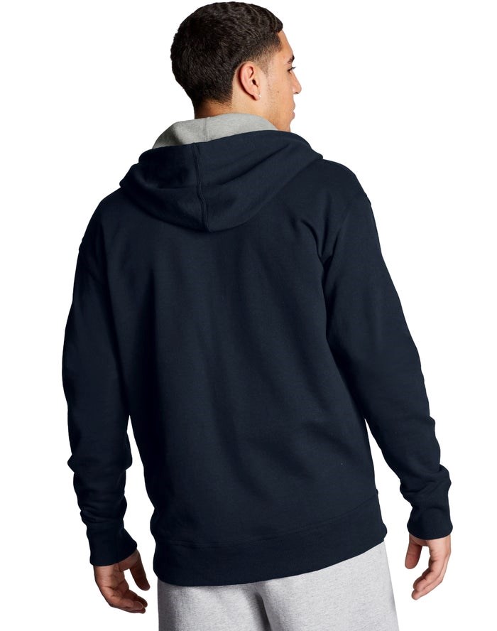 Champion Powerblend Fleece Full Zip Script Logo Hoodie Herr Marinblå | 3047815-EG