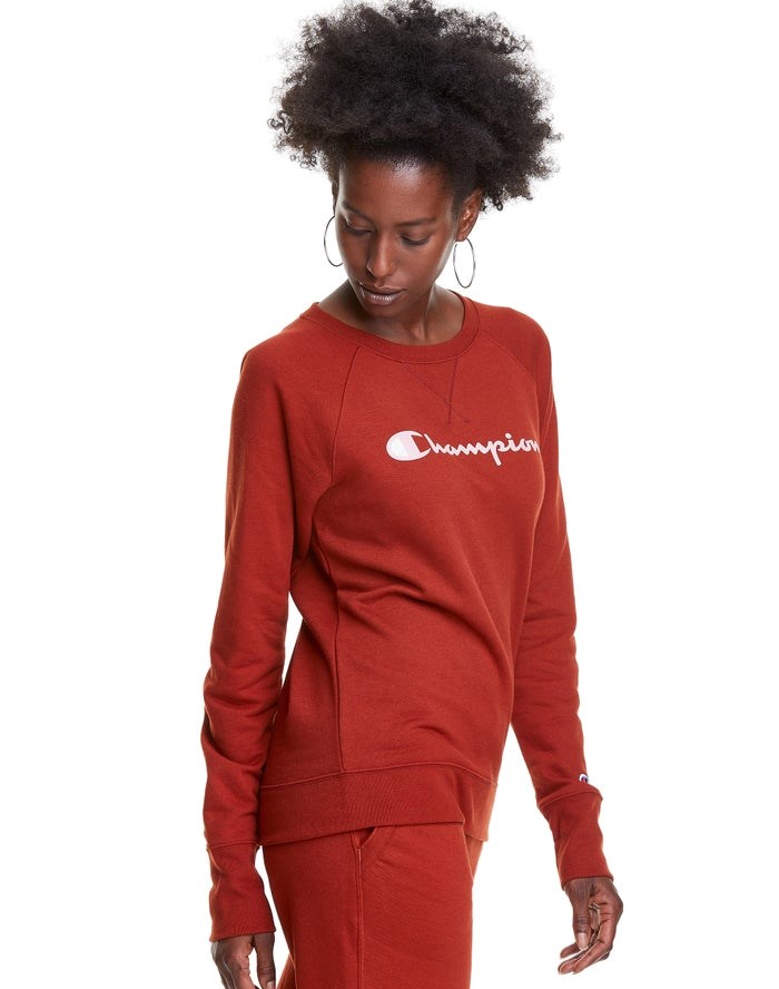 Champion Powerblend Fleece Klassiska Crew Script Logo T-shirt Dam Bruna | 1367285-BC