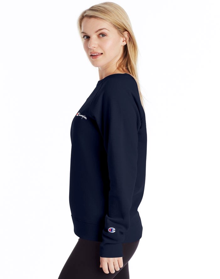 Champion Powerblend Fleece Klassiska Crew Script Logo T-shirt Dam Marinblå | 3720561-VI