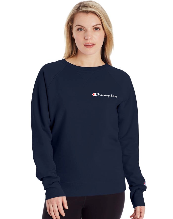 Champion Powerblend Fleece Klassiska Crew Script Logo T-shirt Dam Marinblå | 3720561-VI