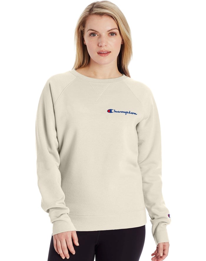 Champion Powerblend Fleece Klassiska Crew Script Logo T-shirt Dam Grädde | 3845627-NU