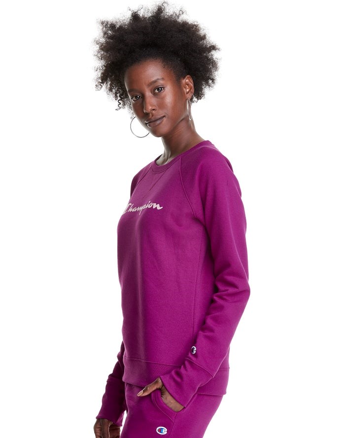 Champion Powerblend Fleece Klassiska Crew Script Logo T-shirt Dam Rosa | 4179236-MD