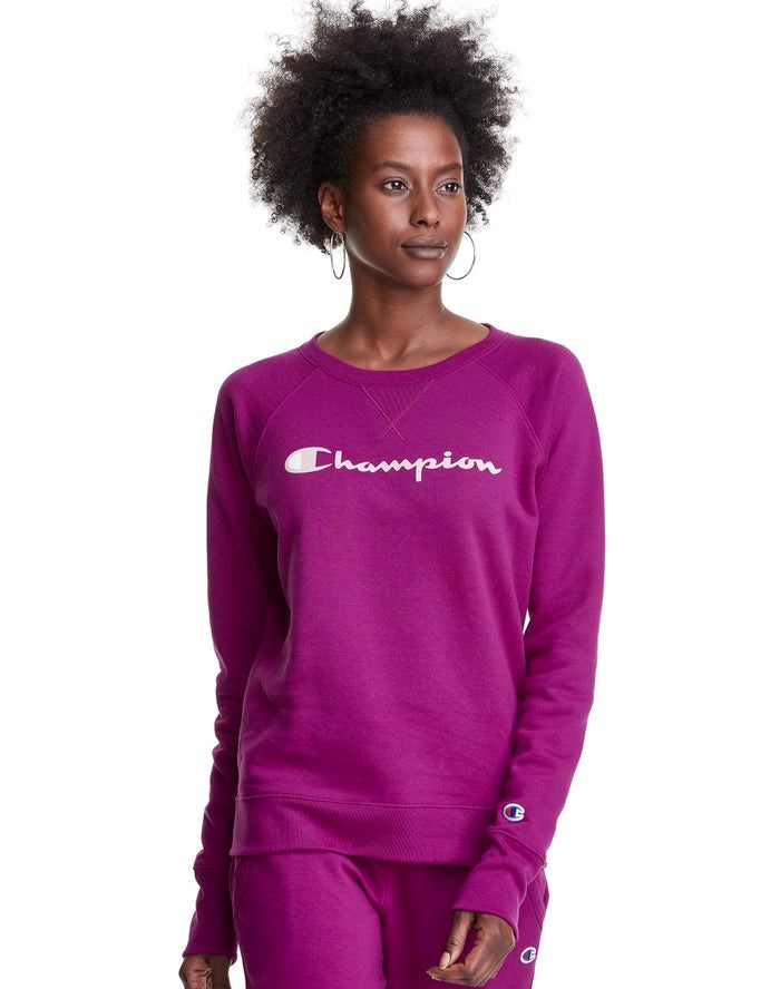 Champion Powerblend Fleece Klassiska Crew Script Logo T-shirt Dam Rosa | 4179236-MD