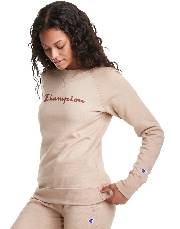 Champion Powerblend Fleece Klassiska Crew Script Logo T-shirt Dam Khaki | 5237916-OF