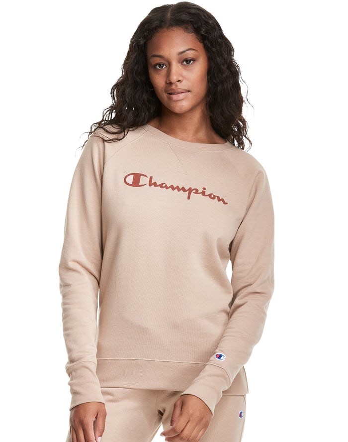 Champion Powerblend Fleece Klassiska Crew Script Logo T-shirt Dam Khaki | 5237916-OF