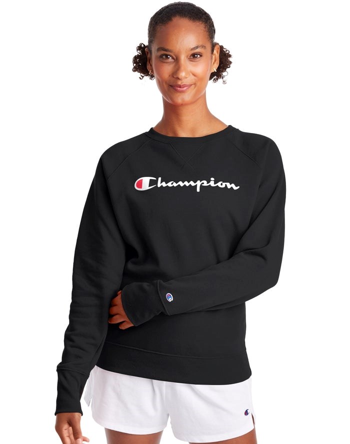 Champion Powerblend Fleece Klassiska Crew Script Logo T-shirt Dam Svarta | 7513640-NH