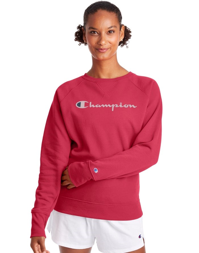 Champion Powerblend Fleece Klassiska Crew Script Logo T-shirt Dam Röda | 9316047-CA