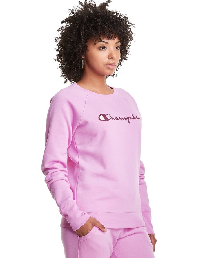 Champion Powerblend Fleece Klassiska Crew Script Logo T-shirt Dam Rosa | 9345612-VL