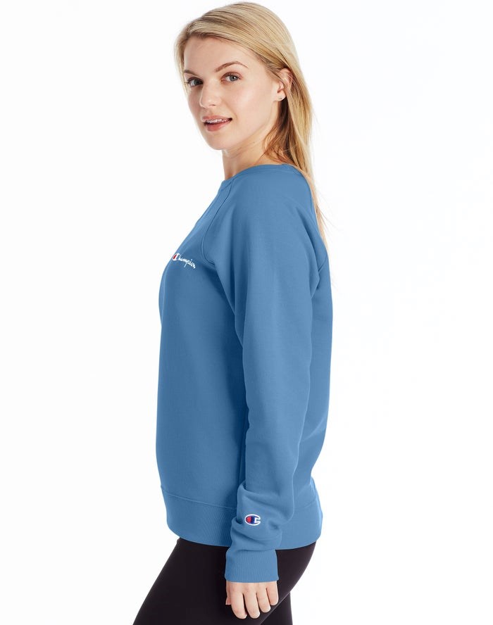 Champion Powerblend Fleece Klassiska Crew Script Logo T-shirt Dam Blå | 9712465-EJ