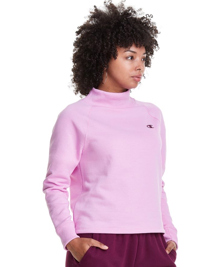 Champion Powerblend Fleece Mock Neck Embroidered Logo T-shirt Dam Rosa | 8921705-DO