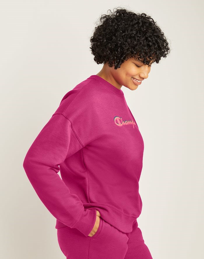 Champion Powerblend Fleece Relaxed Crew Script Logo T-shirt Dam Rosa | 1938620-VD