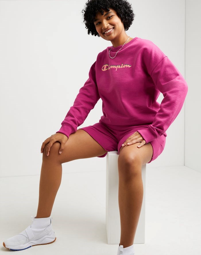 Champion Powerblend Fleece Relaxed Crew Script Logo T-shirt Dam Rosa | 1938620-VD