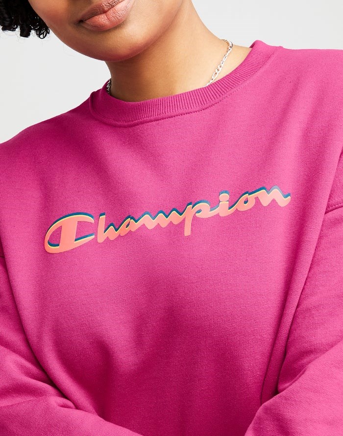 Champion Powerblend Fleece Relaxed Crew Script Logo T-shirt Dam Rosa | 1938620-VD