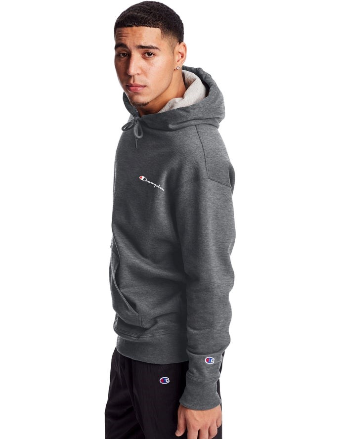 Champion Powerblend Fleece Script Logo Hoodie Herr Mörkgrå | 0675814-GT