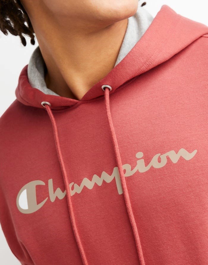 Champion Powerblend Fleece Script Logo Hoodie Herr Korall | 3964251-KB