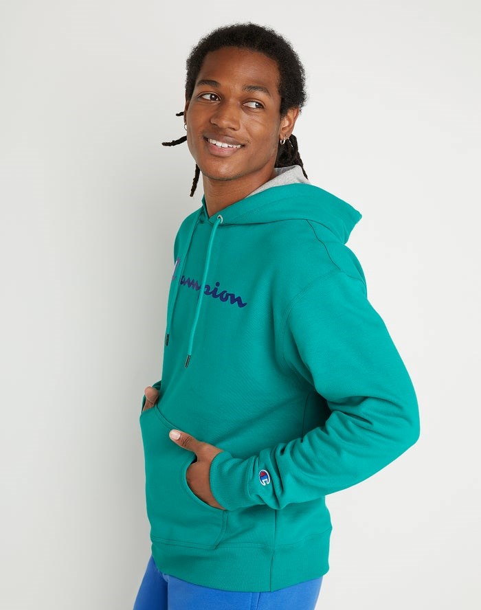 Champion Powerblend Fleece Script Logo Hoodie Herr Gröna | 4219603-LJ