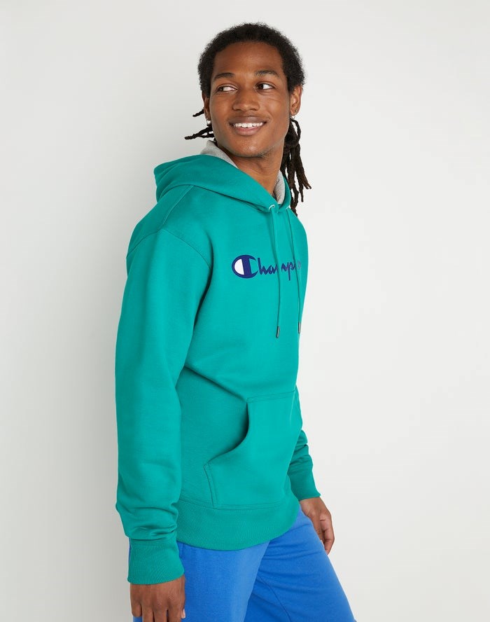 Champion Powerblend Fleece Script Logo Hoodie Herr Gröna | 4219603-LJ