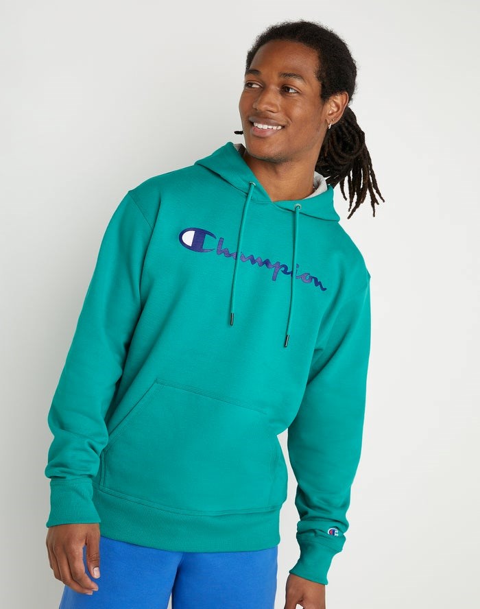 Champion Powerblend Fleece Script Logo Hoodie Herr Gröna | 4219603-LJ