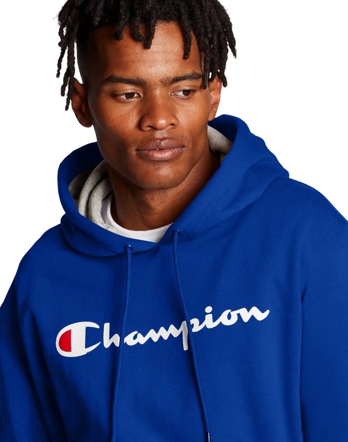 Champion Powerblend Fleece Script Logo Hoodie Herr Blå | 4957306-SQ