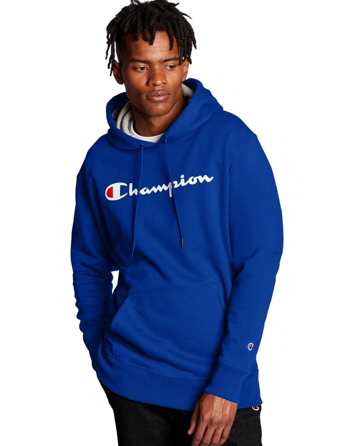 Champion Powerblend Fleece Script Logo Hoodie Herr Blå | 4957306-SQ