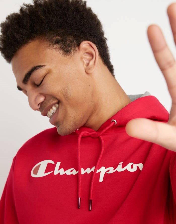 Champion Powerblend Fleece Script Logo Hoodie Herr Röda | 9318520-DS