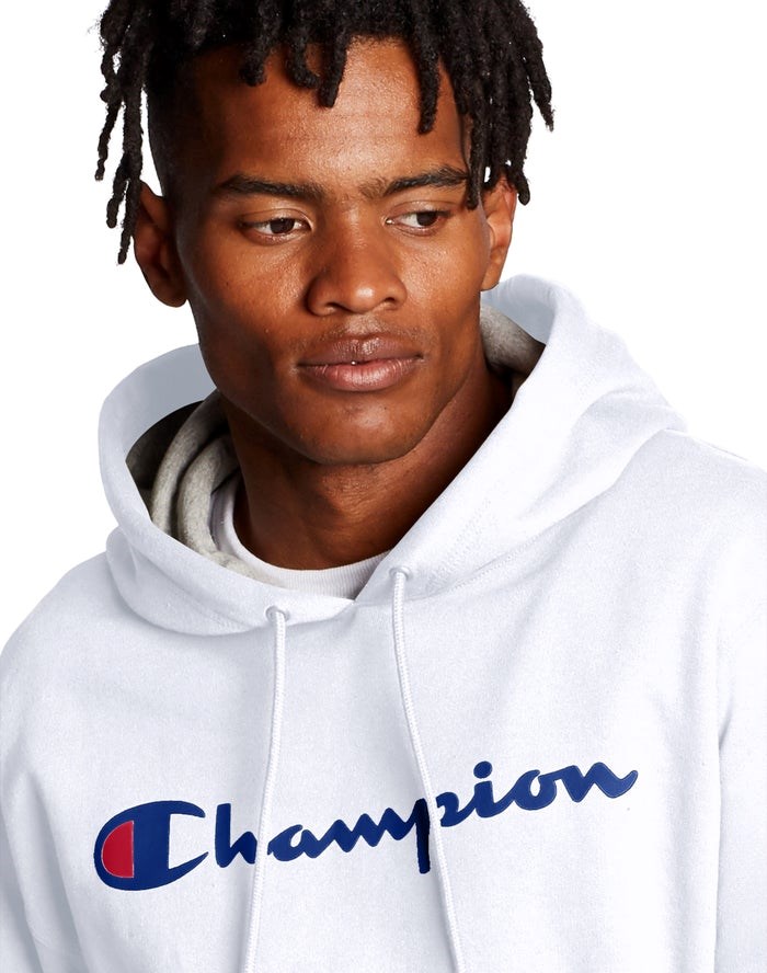 Champion Powerblend Script Logo Hoodie Herr Vita | 0428517-MO