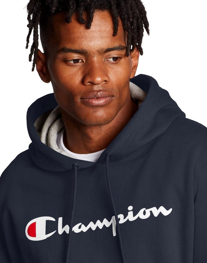 Champion Powerblend Script Logo Hoodie Herr Marinblå | 5490712-JK