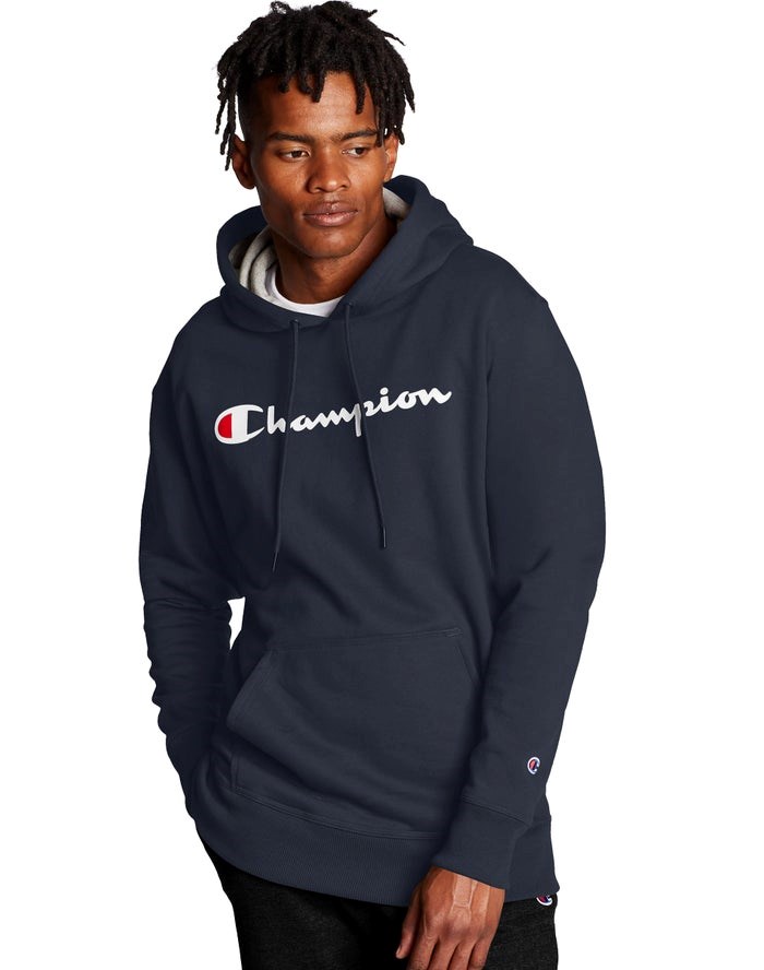 Champion Powerblend Script Logo Hoodie Herr Marinblå | 5490712-JK