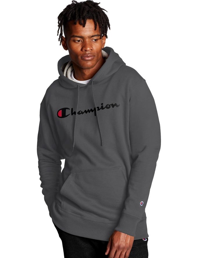 Champion Powerblend Script Logo Hoodie Herr Mörkgrå | 8079341-YH