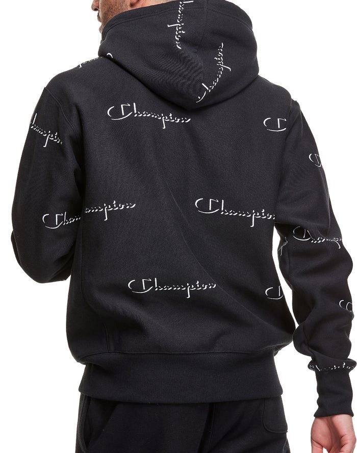 Champion Reverse Weave All Over Print Hoodie Herr Svarta | 0249653-PK