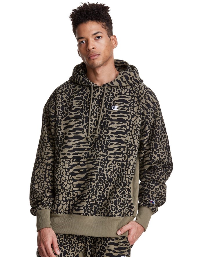 Champion Reverse Weave All Over Print Hoodie Herr Olivgröna | 0789423-BU