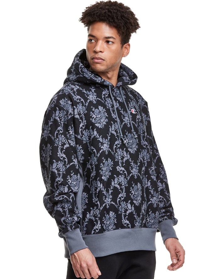 Champion Reverse Weave All Over Print Hoodie Herr Grå Svarta | 1056934-ZE