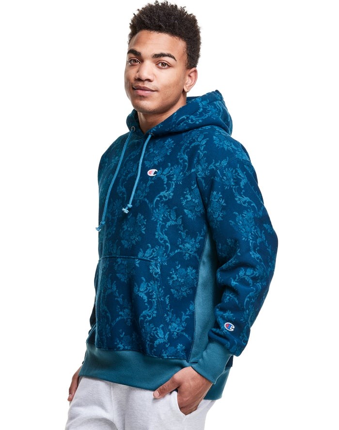 Champion Reverse Weave All Over Print Hoodie Herr Blå | 1297358-FZ