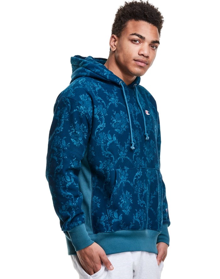 Champion Reverse Weave All Over Print Hoodie Herr Blå | 1297358-FZ