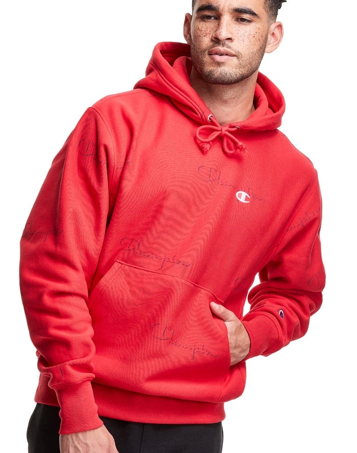 Champion Reverse Weave All Over Print Hoodie Herr Röda | 1459786-BE