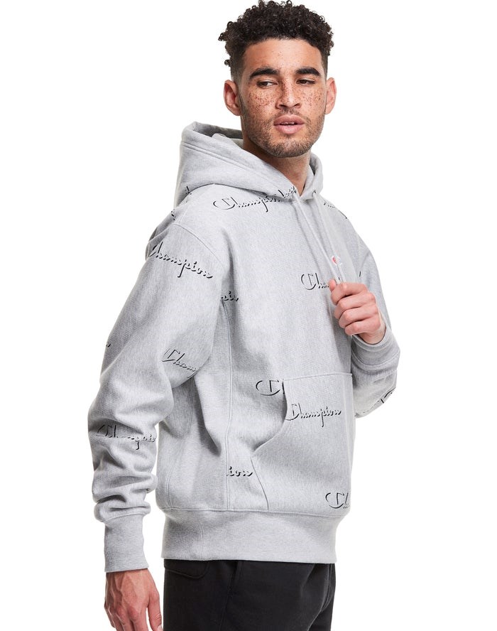 Champion Reverse Weave All Over Print Hoodie Herr Grå | 9702856-NA