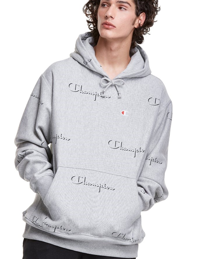 Champion Reverse Weave All Over Print Hoodie Herr Grå | 9702856-NA