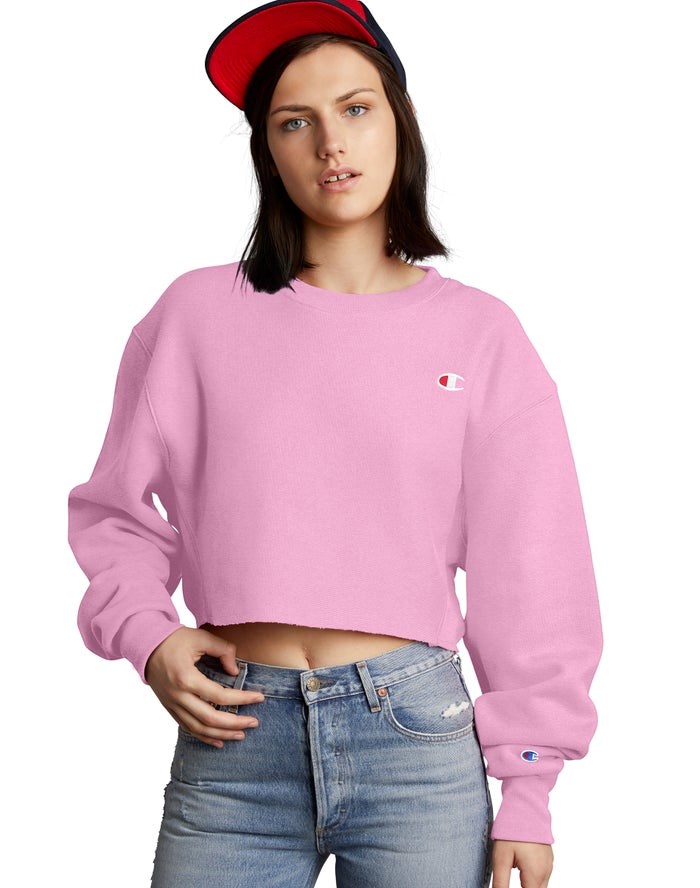 Champion Reverse Weave Cropped Cut-Off Crew T-shirt Dam Rosa | 7563028-ZM