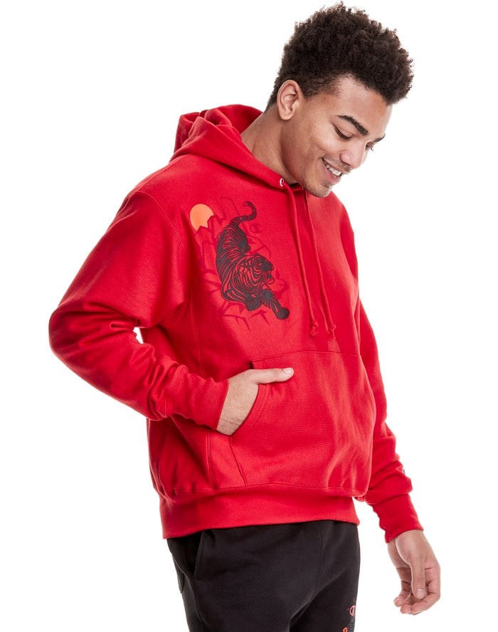 Champion Reverse Weave Sprawling Tiger Hoodie Herr Röda | 9504827-AY