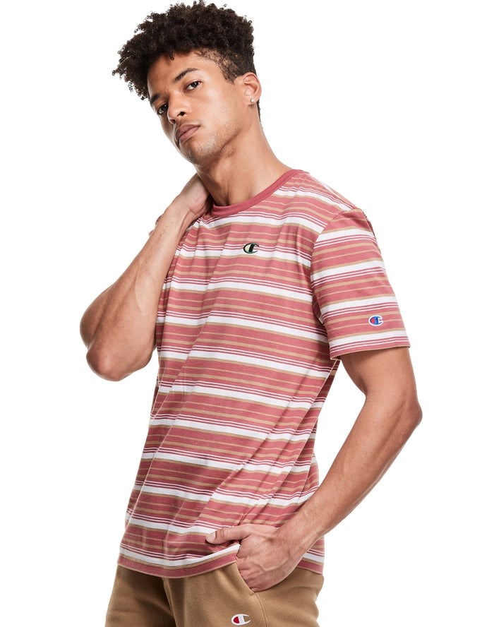 Champion Yarn-Dye Stripe C Logo T-shirt Herr Korall Vita | 0467891-CT