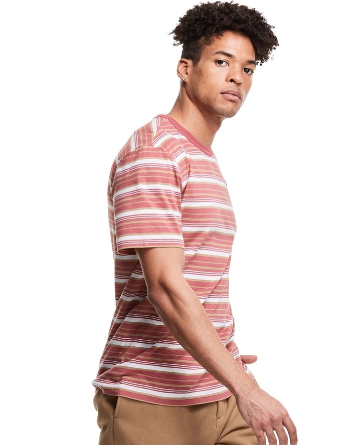 Champion Yarn-Dye Stripe C Logo T-shirt Herr Korall Vita | 0467891-CT