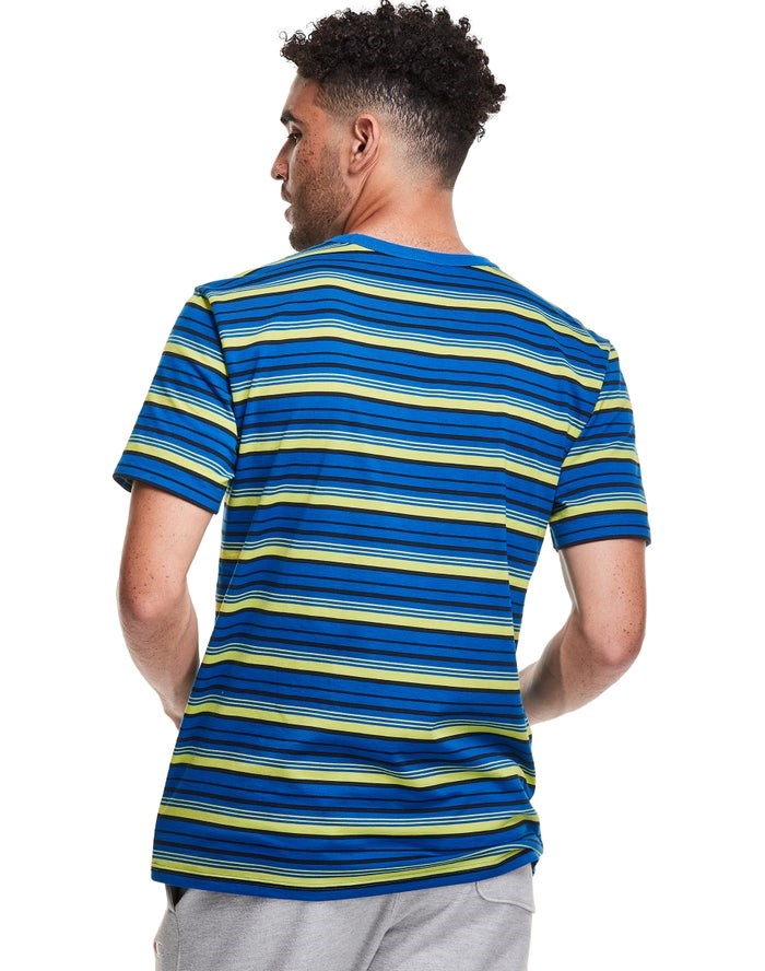 Champion Yarn-Dye Stripe C Logo T-shirt Herr Blå | 0976358-KR