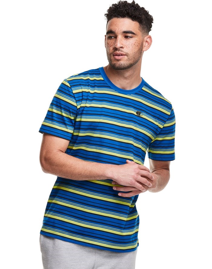 Champion Yarn-Dye Stripe C Logo T-shirt Herr Blå | 0976358-KR