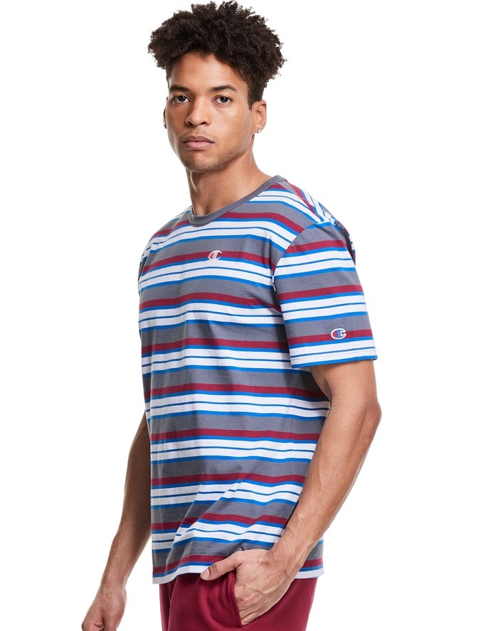 Champion Yarn-Dye Stripe C Logo T-shirt Herr Grå Vita Röda | 2817934-HD