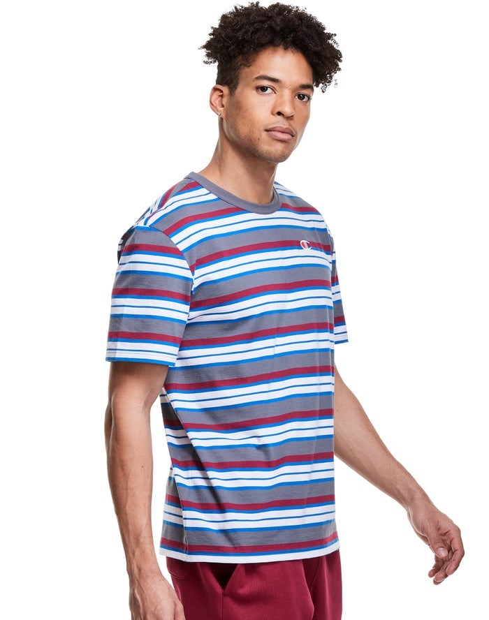 Champion Yarn-Dye Stripe C Logo T-shirt Herr Grå Vita Röda | 2817934-HD